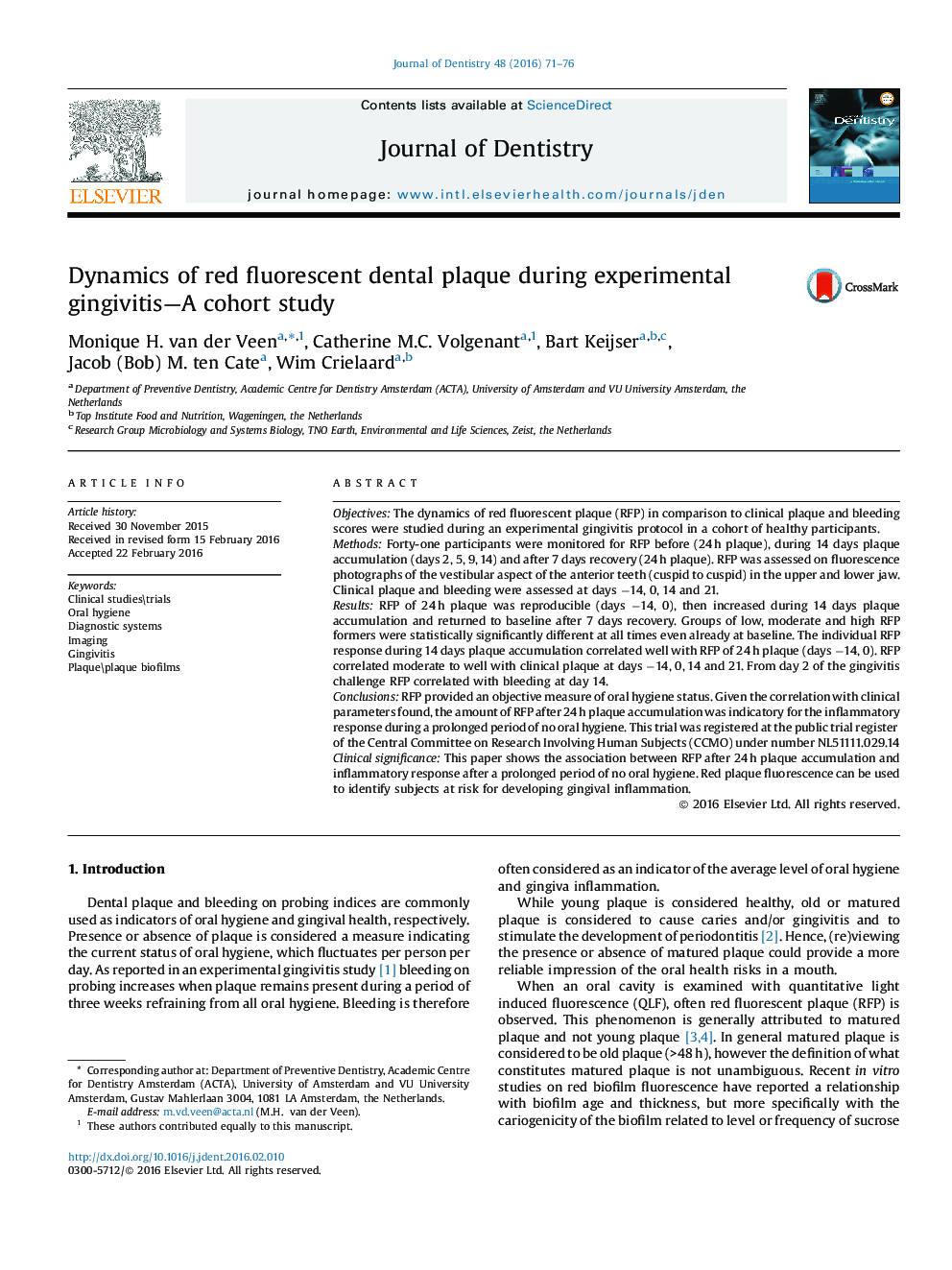 Dynamics of red fluorescent dental plaque during experimental gingivitis—A cohort study