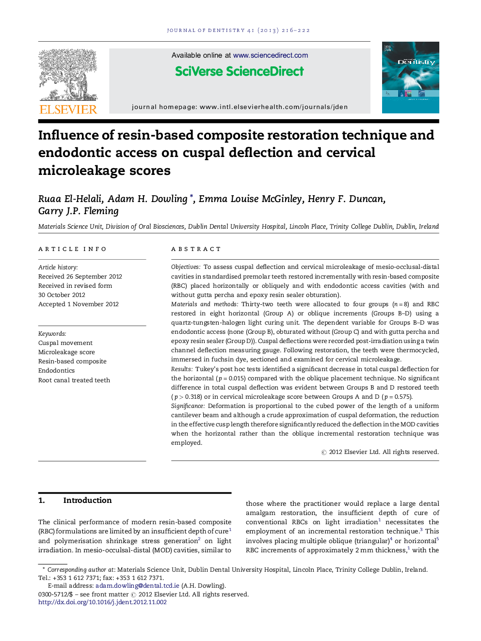 Influence of resin-based composite restoration technique and endodontic access on cuspal deflection and cervical microleakage scores