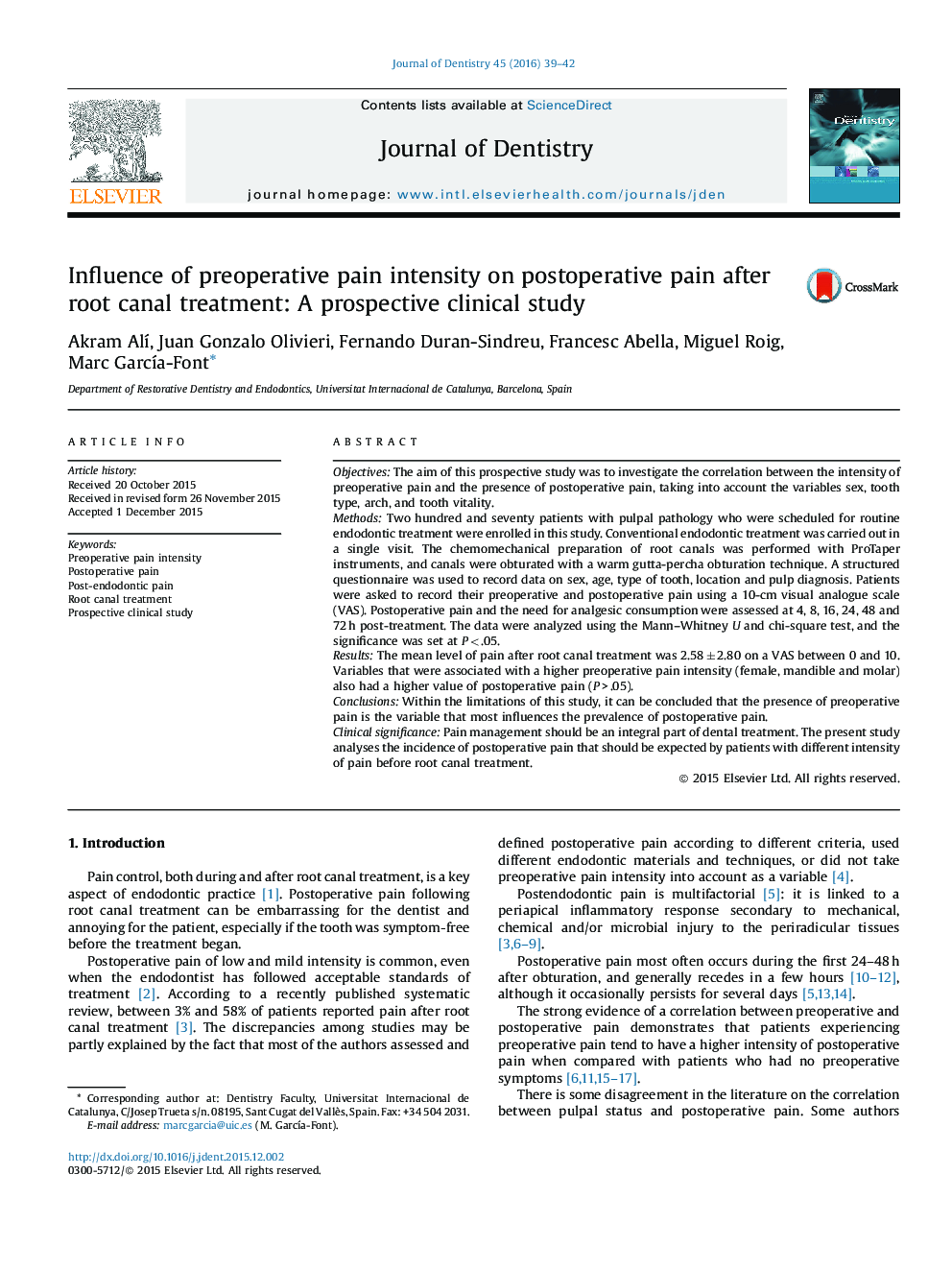Influence of preoperative pain intensity on postoperative pain after root canal treatment: A prospective clinical study