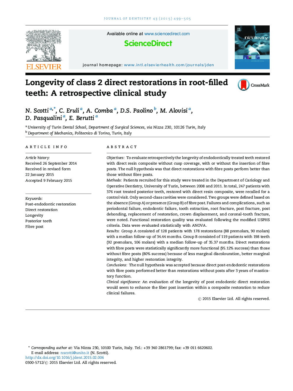 Longevity of class 2 direct restorations in root-filled teeth: A retrospective clinical study