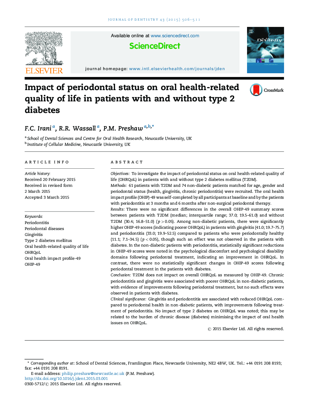 تأثیر وضعیت پریودنتال بر کیفیت زندگی مرتبط با سلامت دهان در بیماران مبتلا به دیابت نوع 2 و بدون آن 