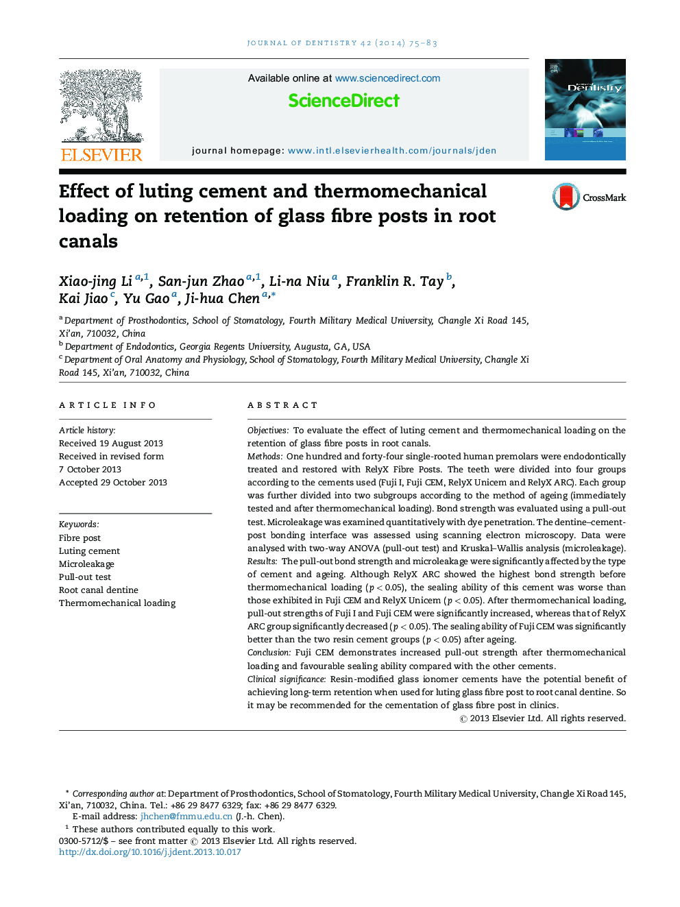 Effect of luting cement and thermomechanical loading on retention of glass fibre posts in root canals