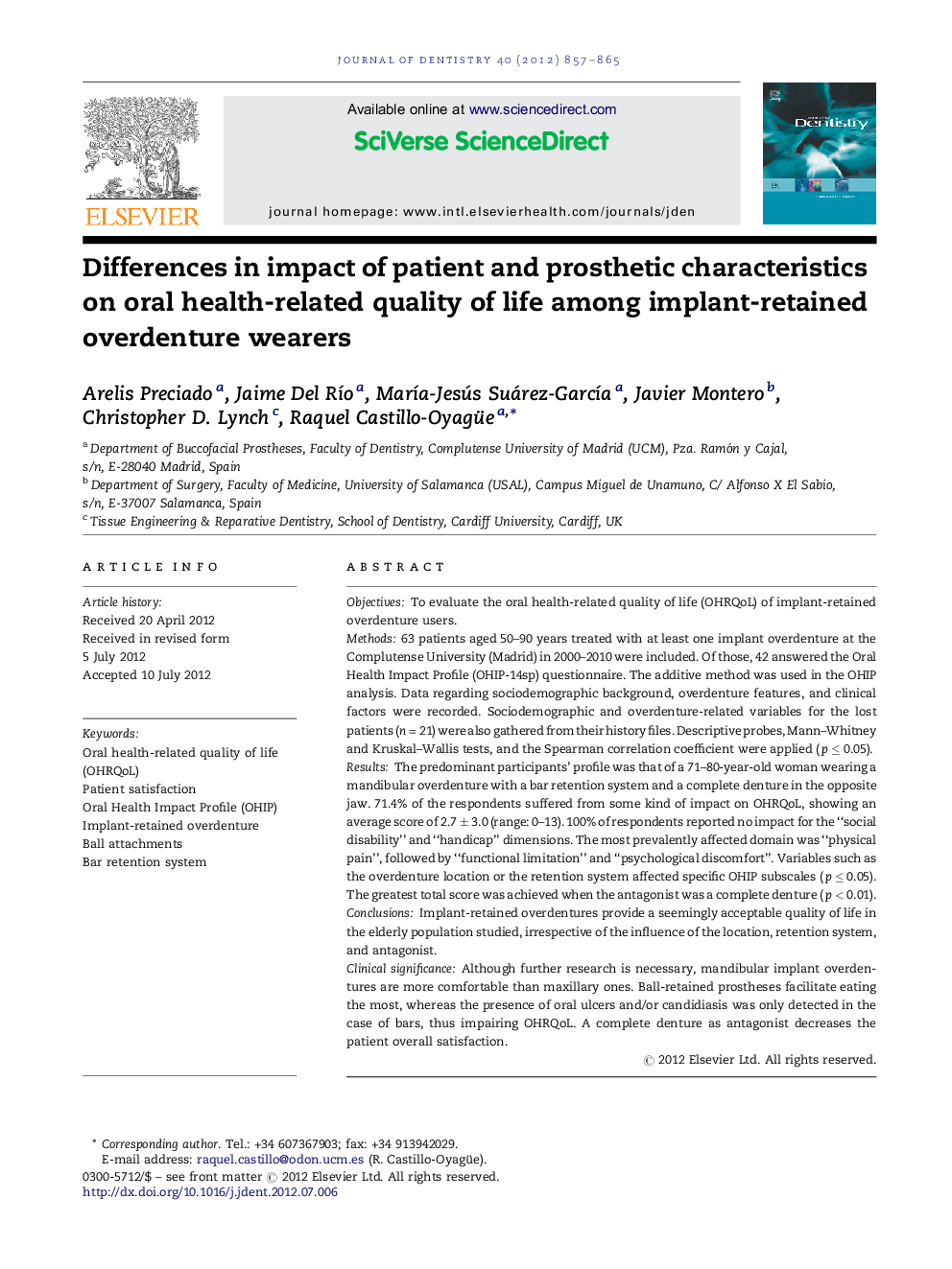 Differences in impact of patient and prosthetic characteristics on oral health-related quality of life among implant-retained overdenture wearers