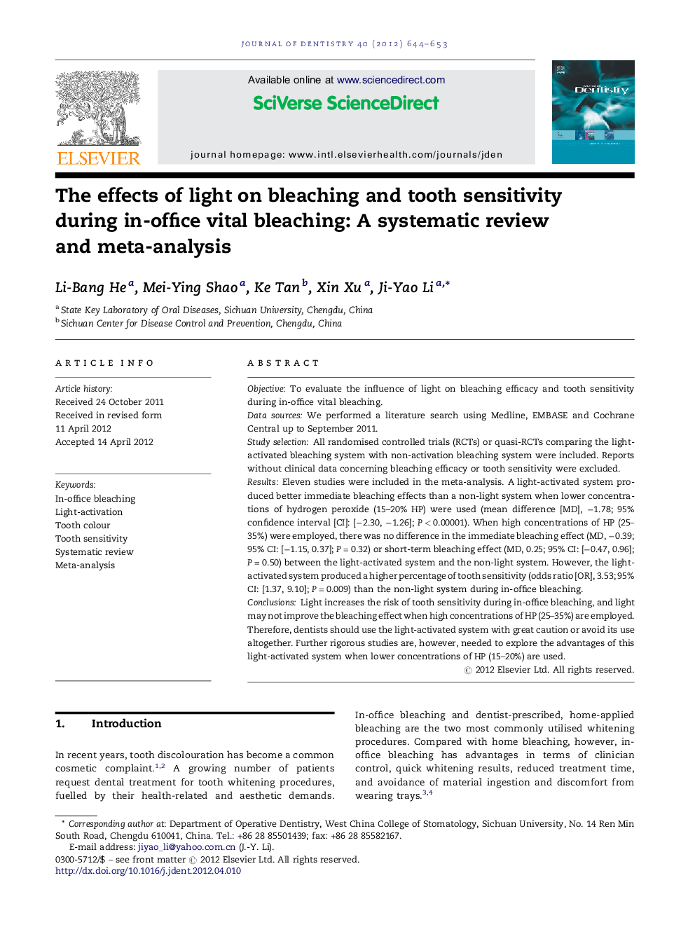 The effects of light on bleaching and tooth sensitivity during in-office vital bleaching: A systematic review and meta-analysis