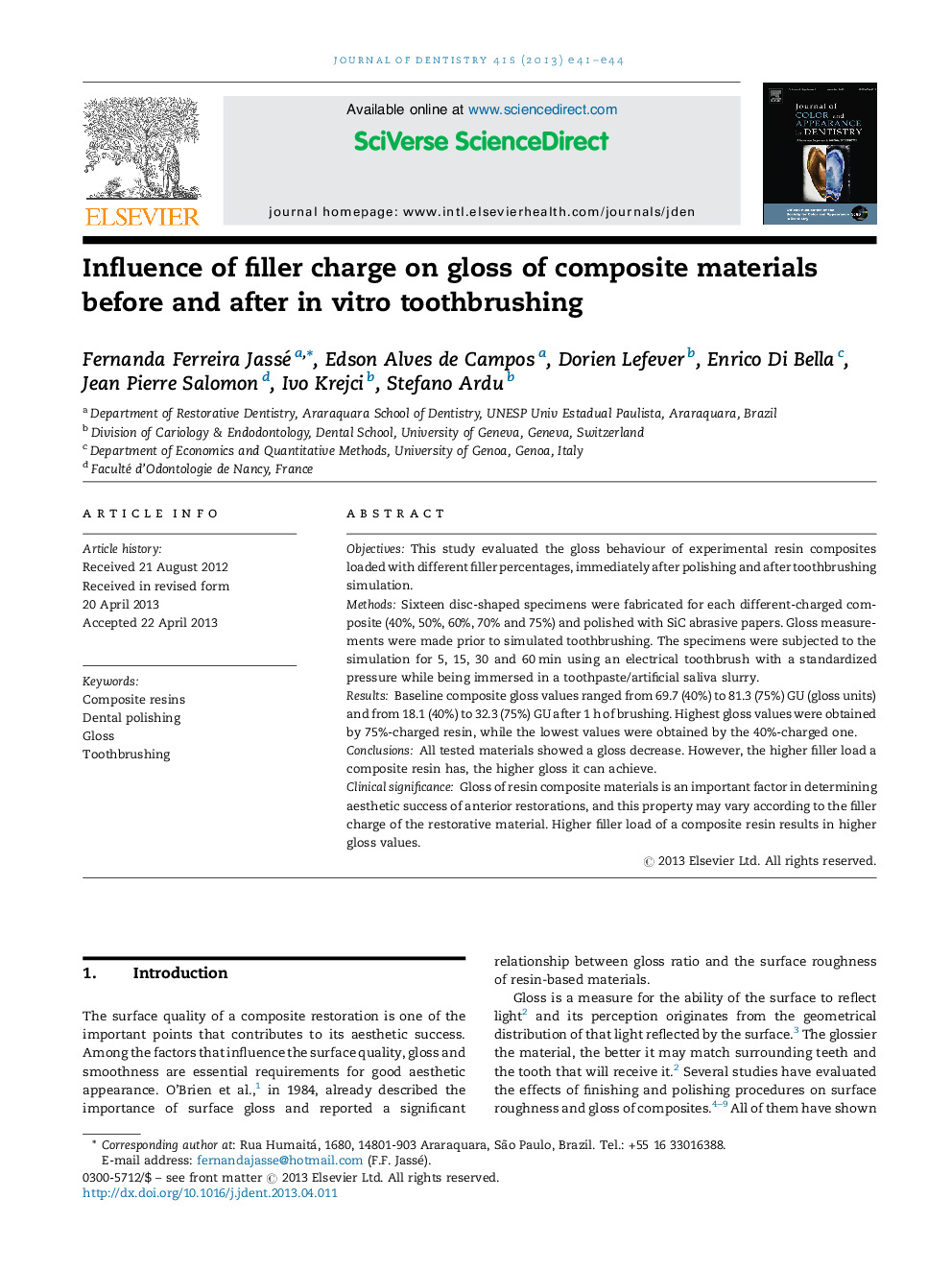 Influence of filler charge on gloss of composite materials before and after in vitro toothbrushing