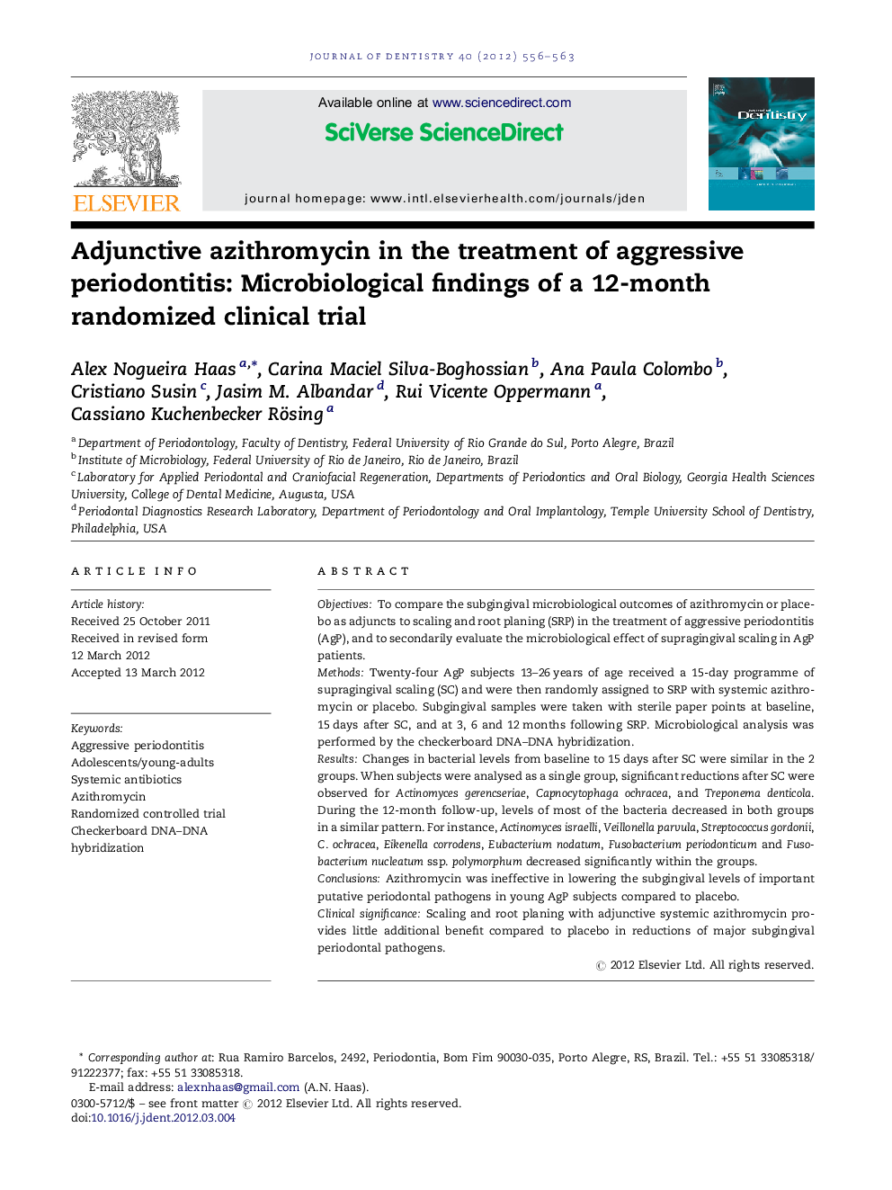 Adjunctive azithromycin in the treatment of aggressive periodontitis: Microbiological findings of a 12-month randomized clinical trial