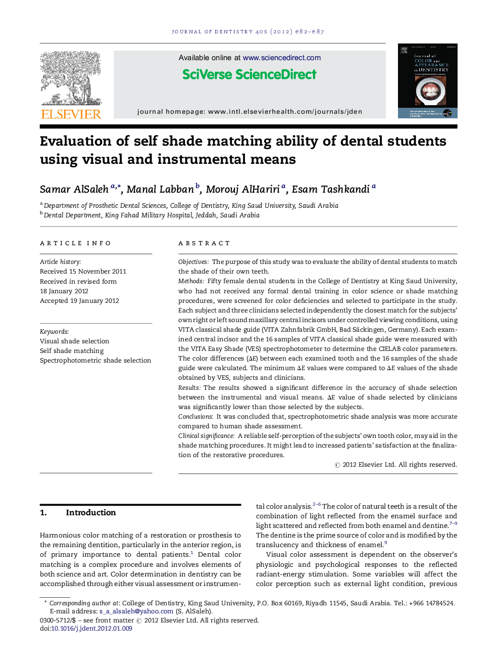 Evaluation of self shade matching ability of dental students using visual and instrumental means