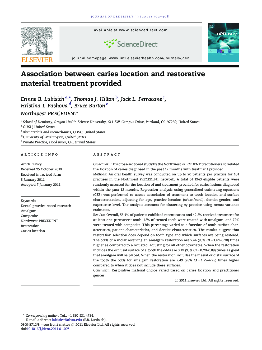 Association between caries location and restorative material treatment provided