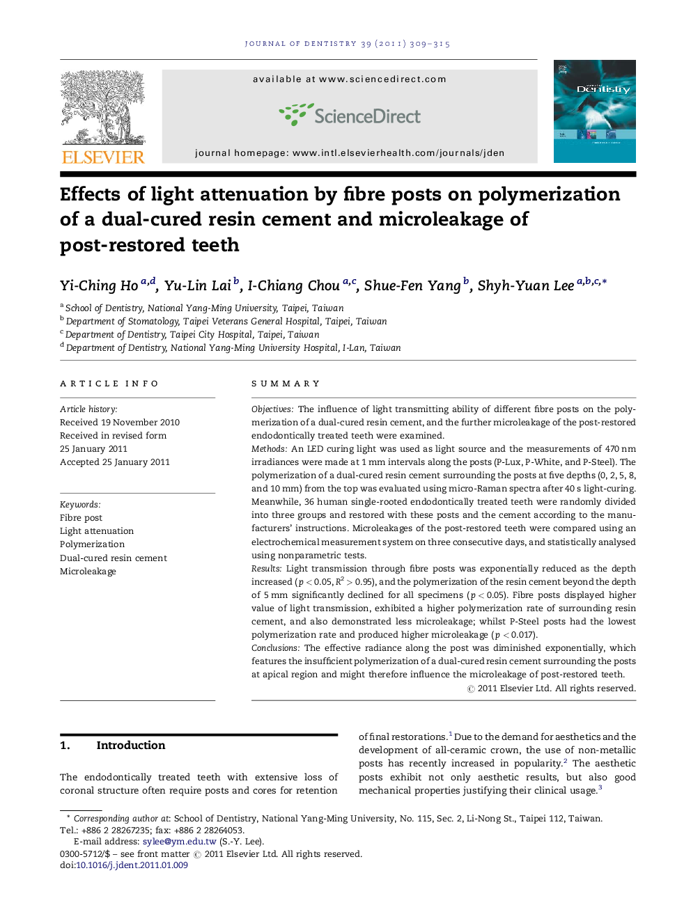 Effects of light attenuation by fibre posts on polymerization of a dual-cured resin cement and microleakage of post-restored teeth