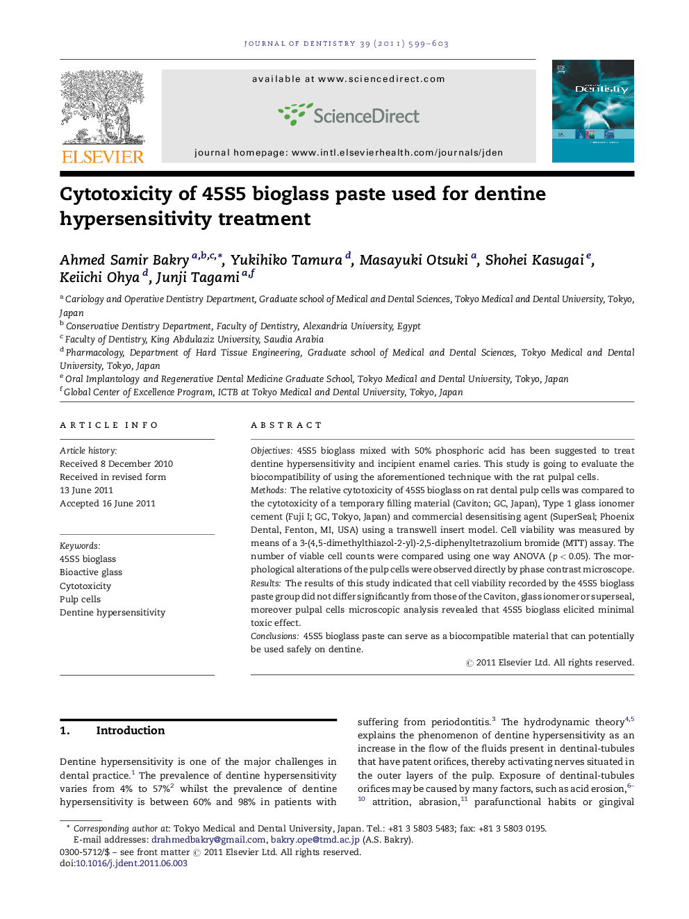 Cytotoxicity of 45S5 bioglass paste used for dentine hypersensitivity treatment