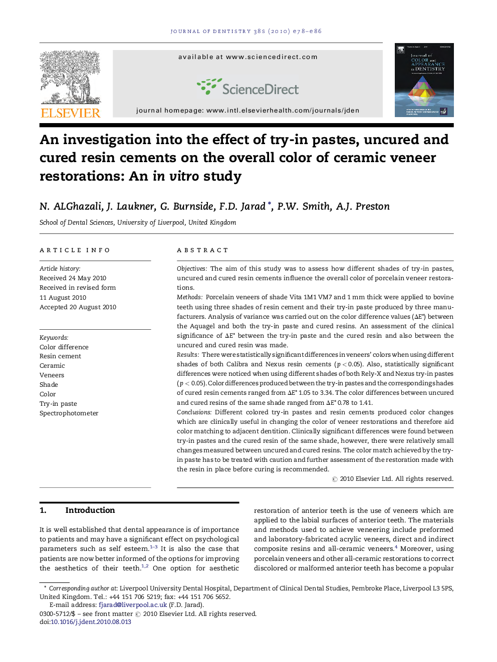 An investigation into the effect of try-in pastes, uncured and cured resin cements on the overall color of ceramic veneer restorations: An in vitro study