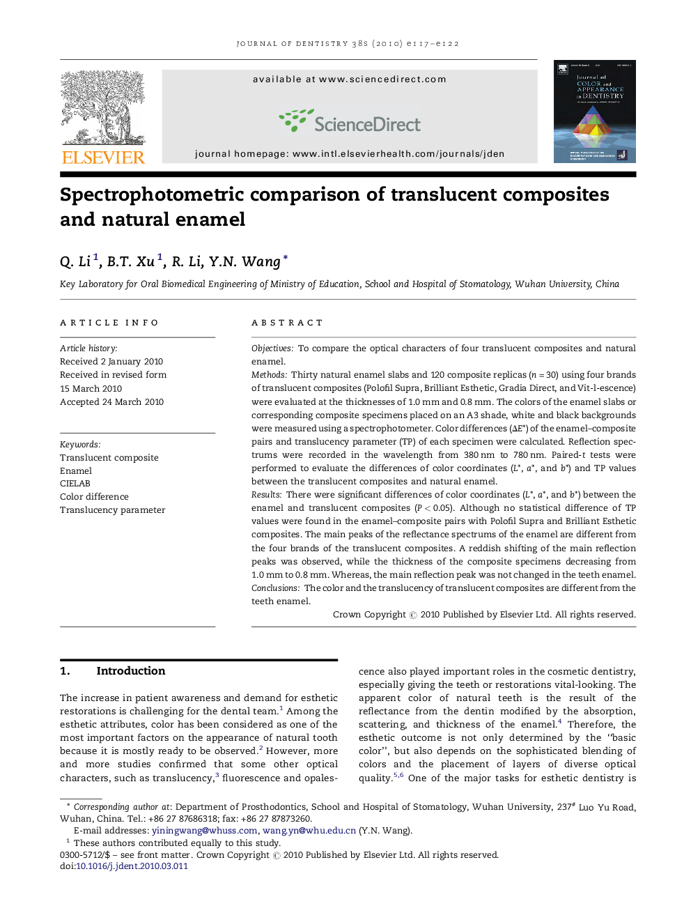 Spectrophotometric comparison of translucent composites and natural enamel