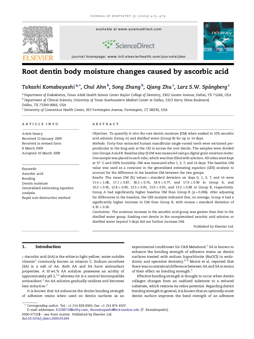Root dentin body moisture changes caused by ascorbic acid
