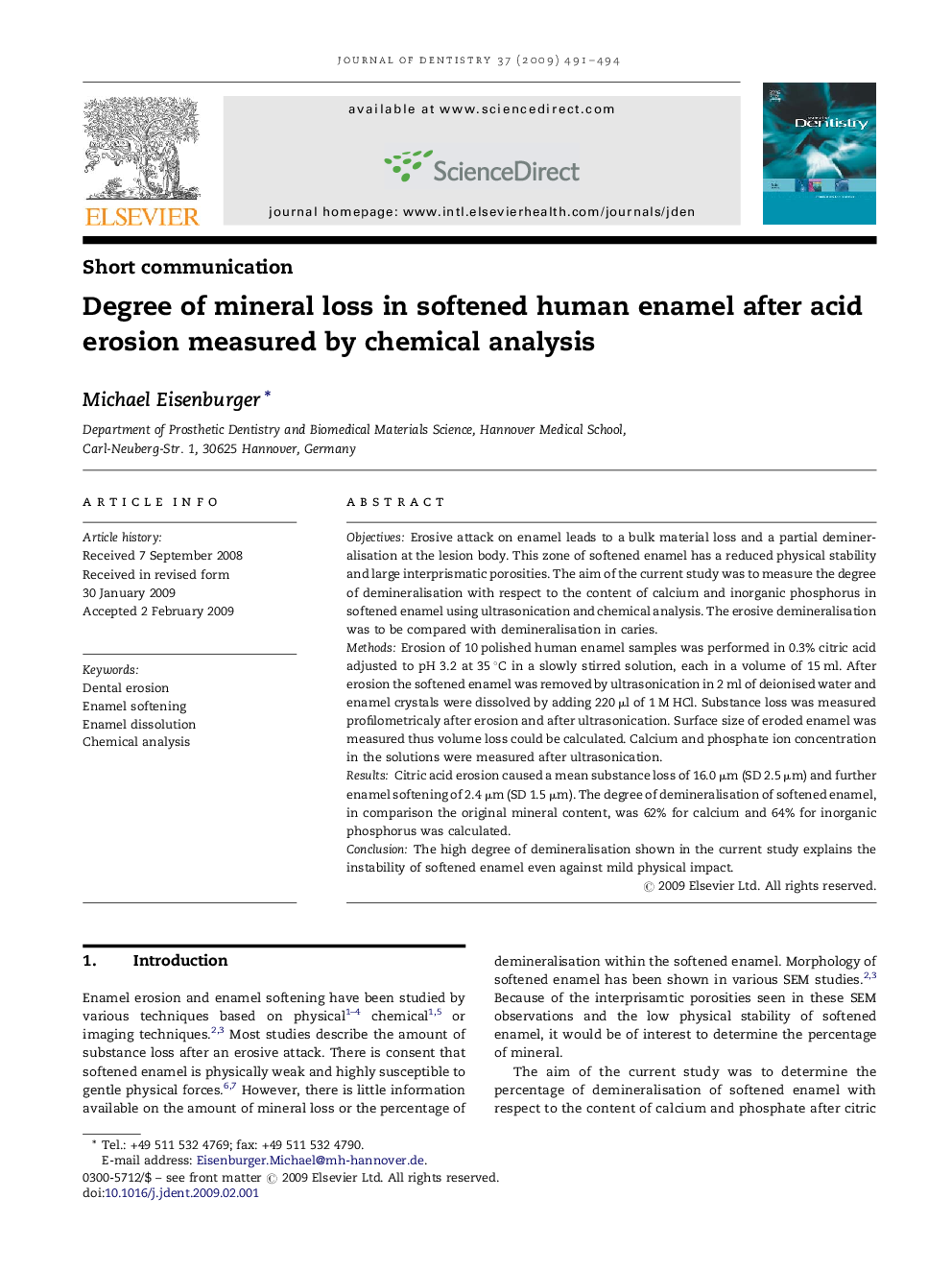 Degree of mineral loss in softened human enamel after acid erosion measured by chemical analysis