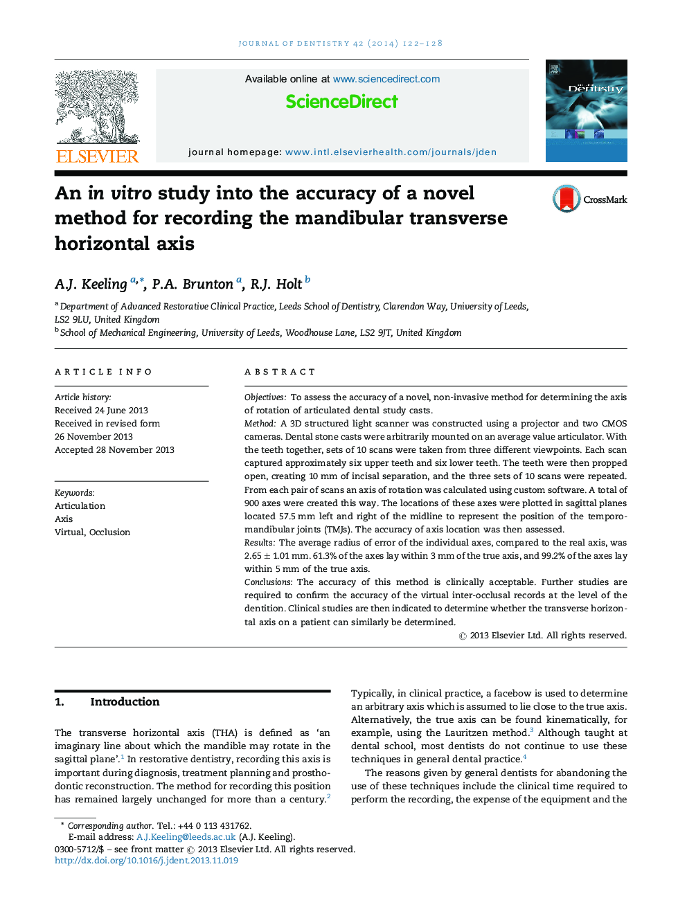 An in vitro study into the accuracy of a novel method for recording the mandibular transverse horizontal axis