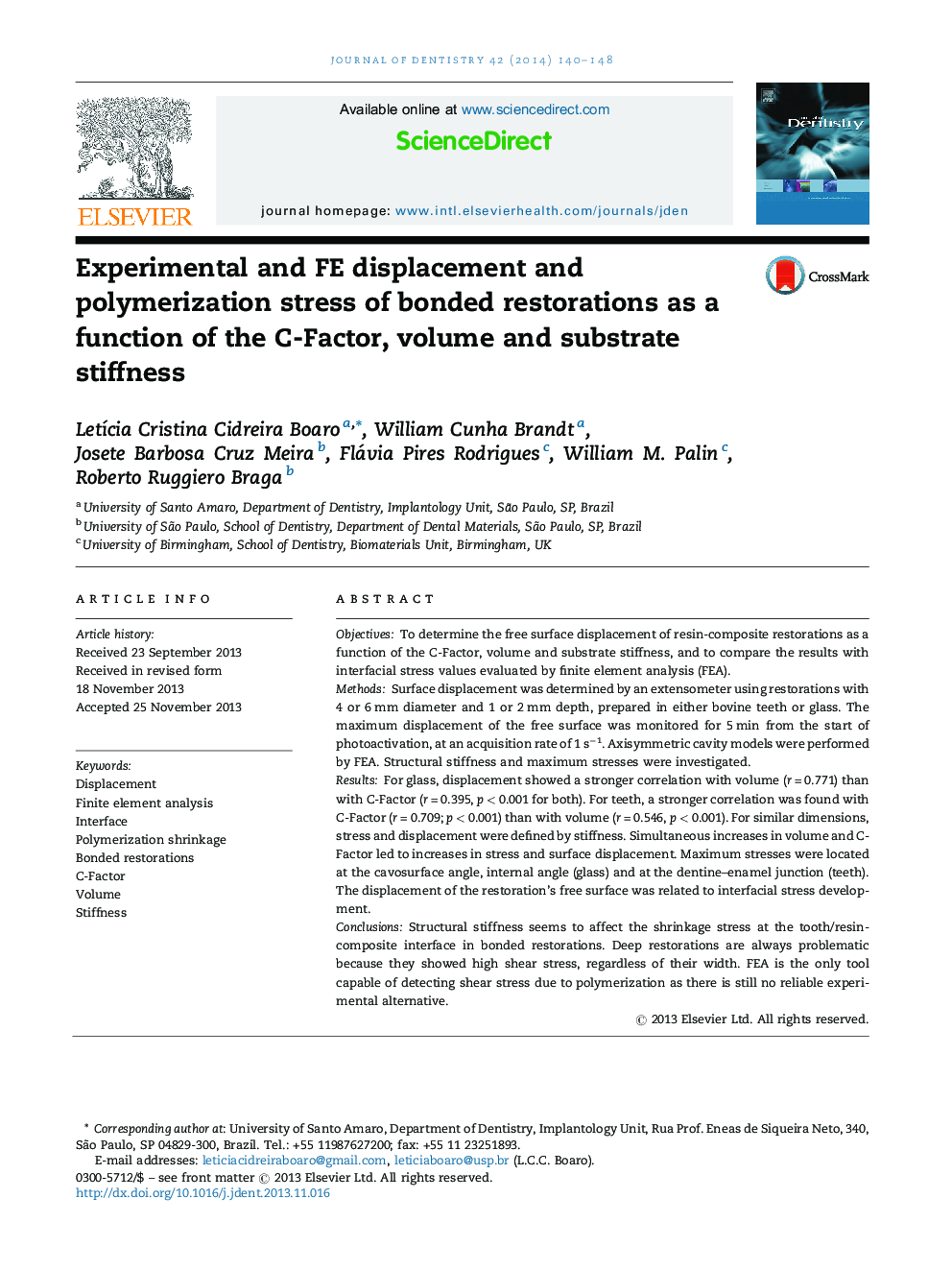 Experimental and FE displacement and polymerization stress of bonded restorations as a function of the C-Factor, volume and substrate stiffness