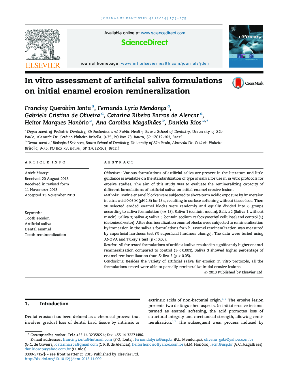 In vitro assessment of artificial saliva formulations on initial enamel erosion remineralization