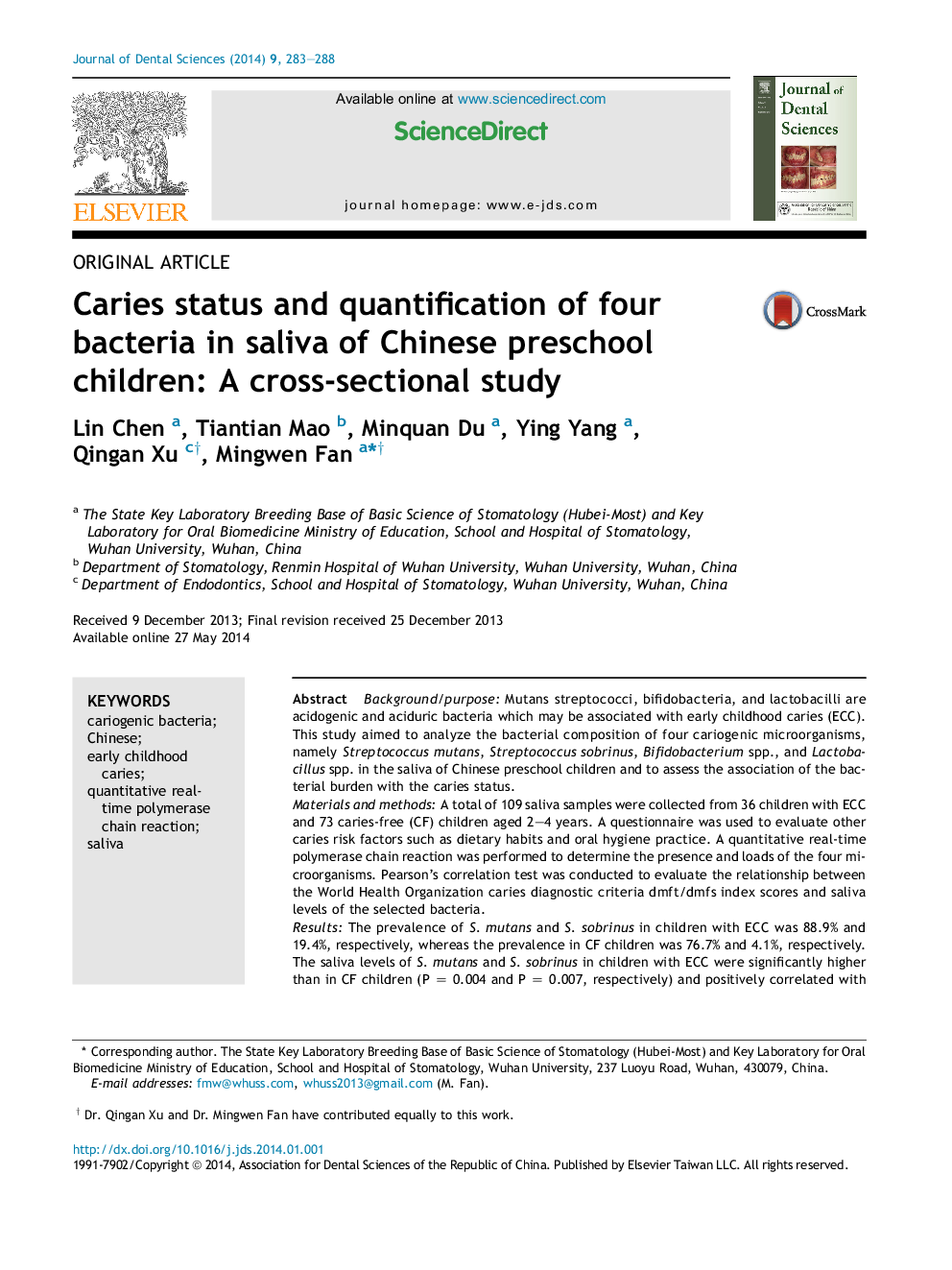 Caries status and quantification of four bacteria in saliva of Chinese preschool children: A cross-sectional study