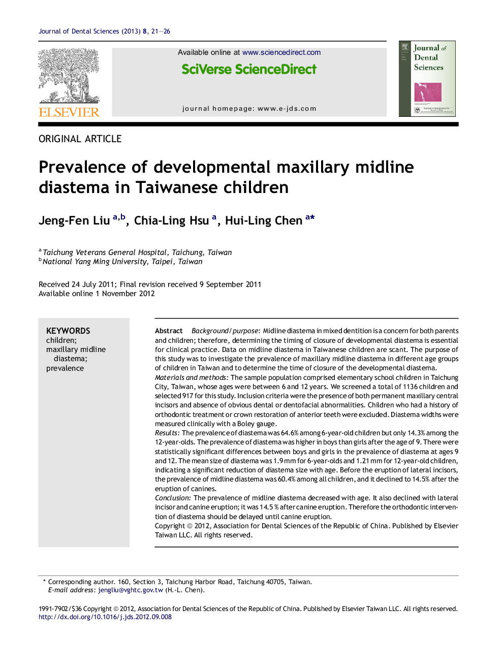 Prevalence of developmental maxillary midline diastema in Taiwanese children