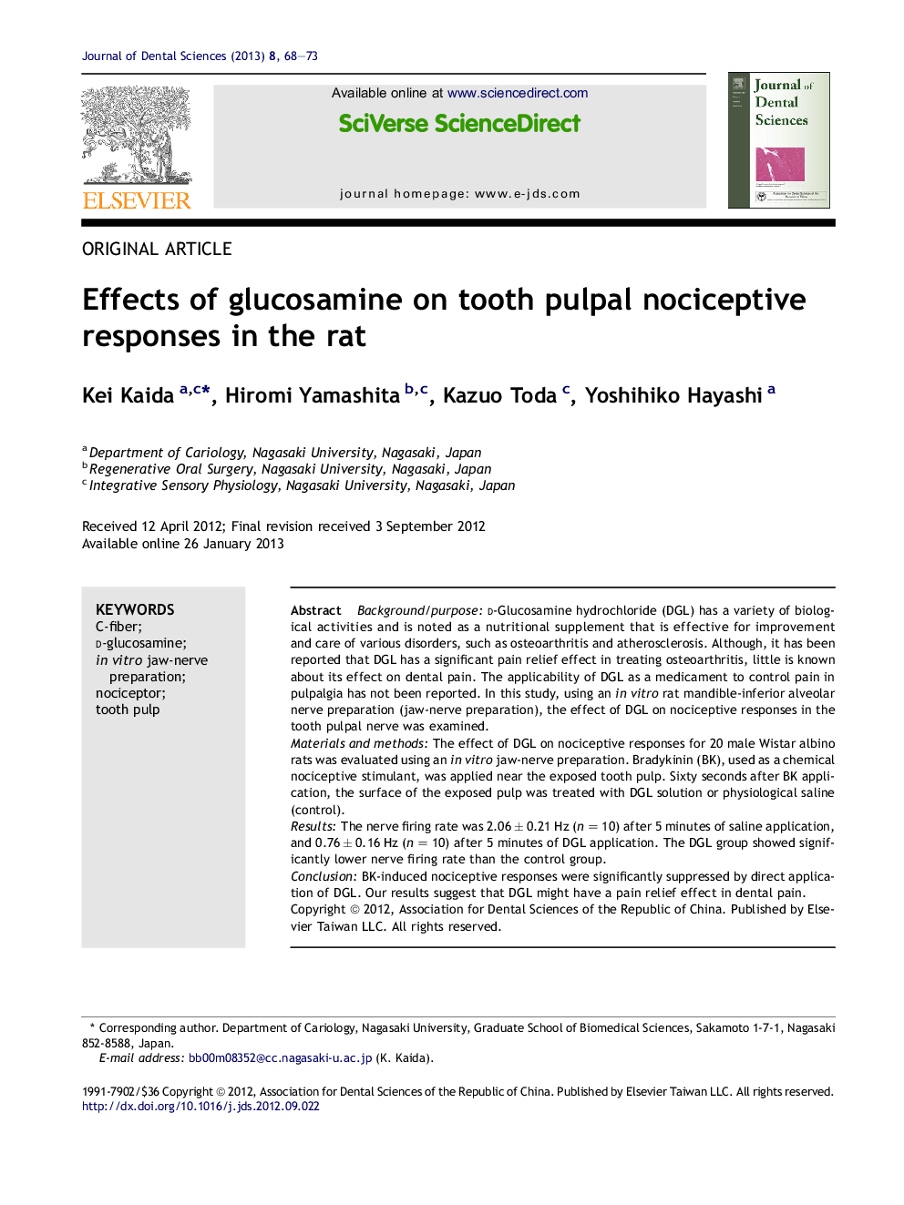 Effects of glucosamine on tooth pulpal nociceptive responses in the rat