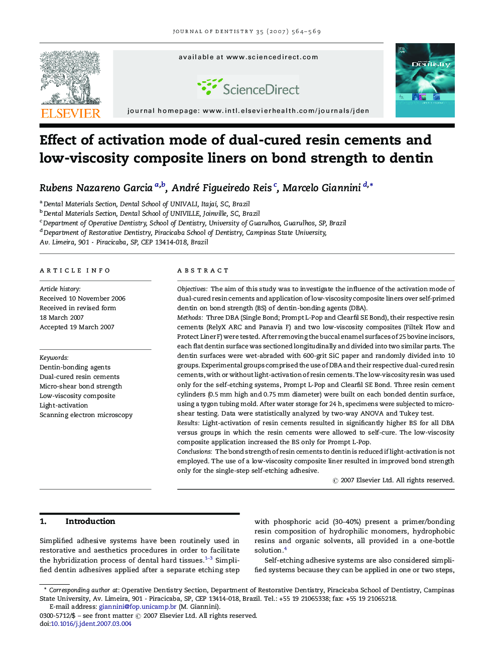 Effect of activation mode of dual-cured resin cements and low-viscosity composite liners on bond strength to dentin