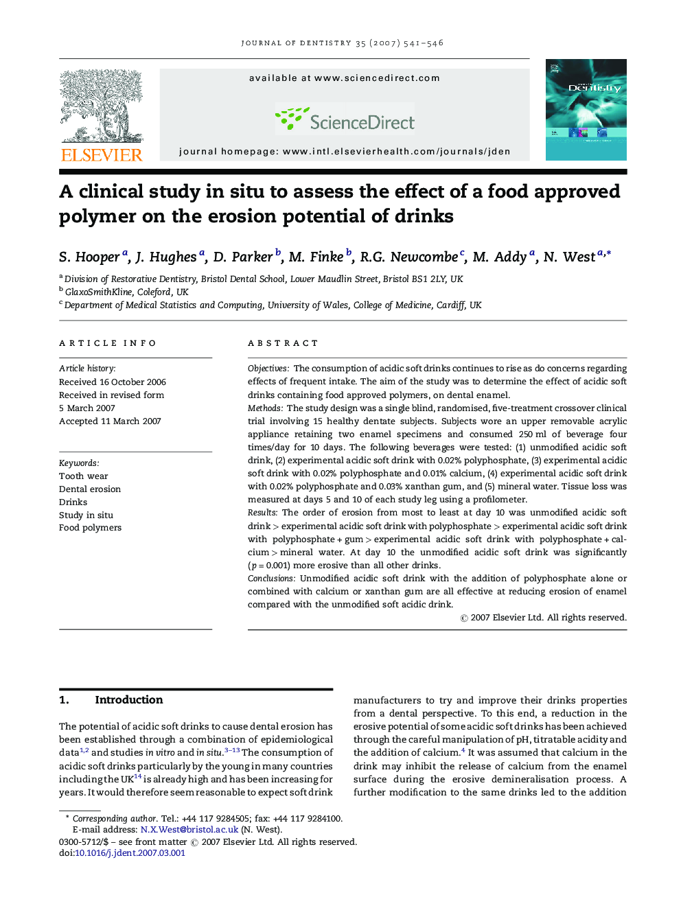 A clinical study in situ to assess the effect of a food approved polymer on the erosion potential of drinks