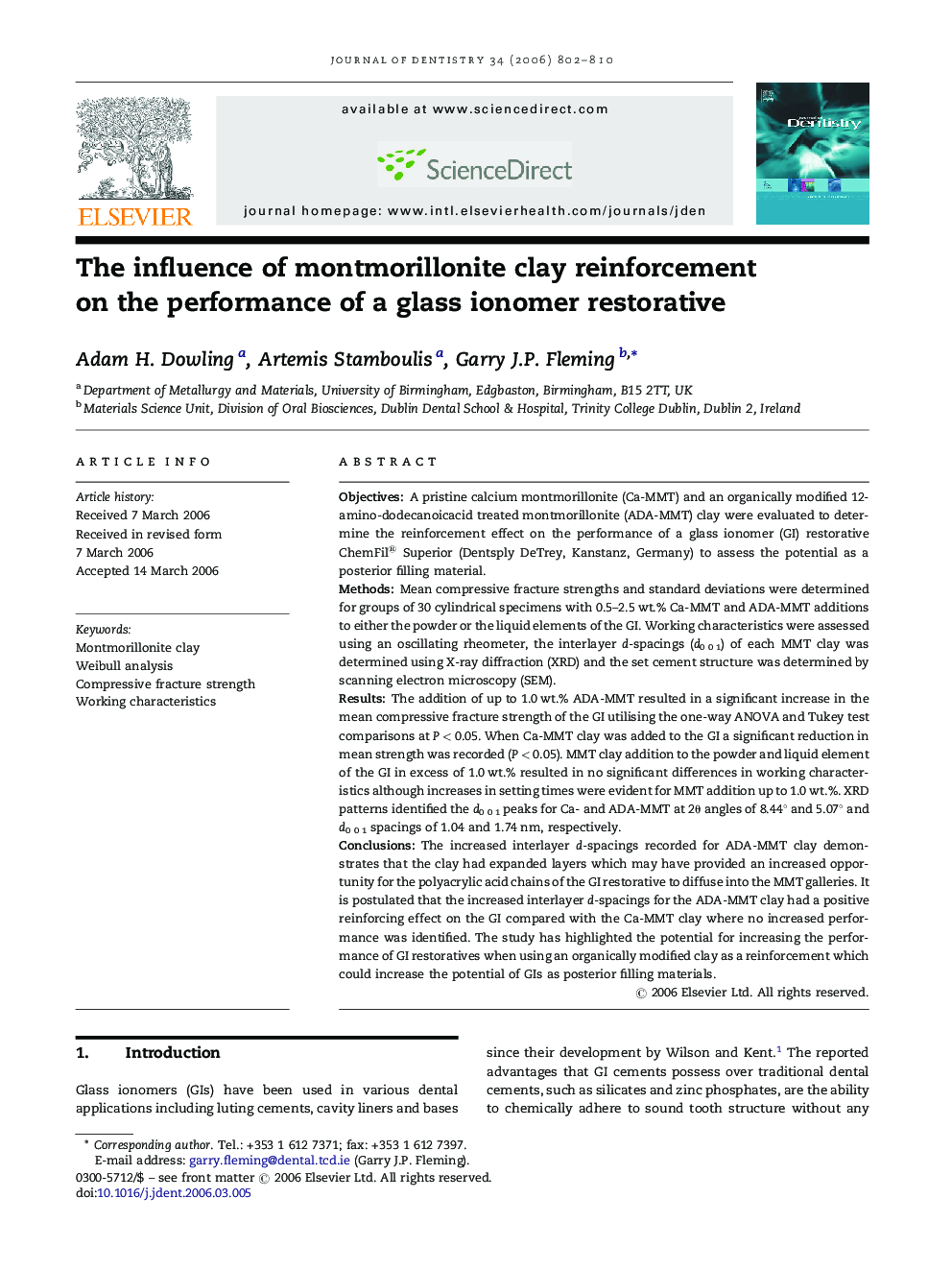 The influence of montmorillonite clay reinforcement on the performance of a glass ionomer restorative