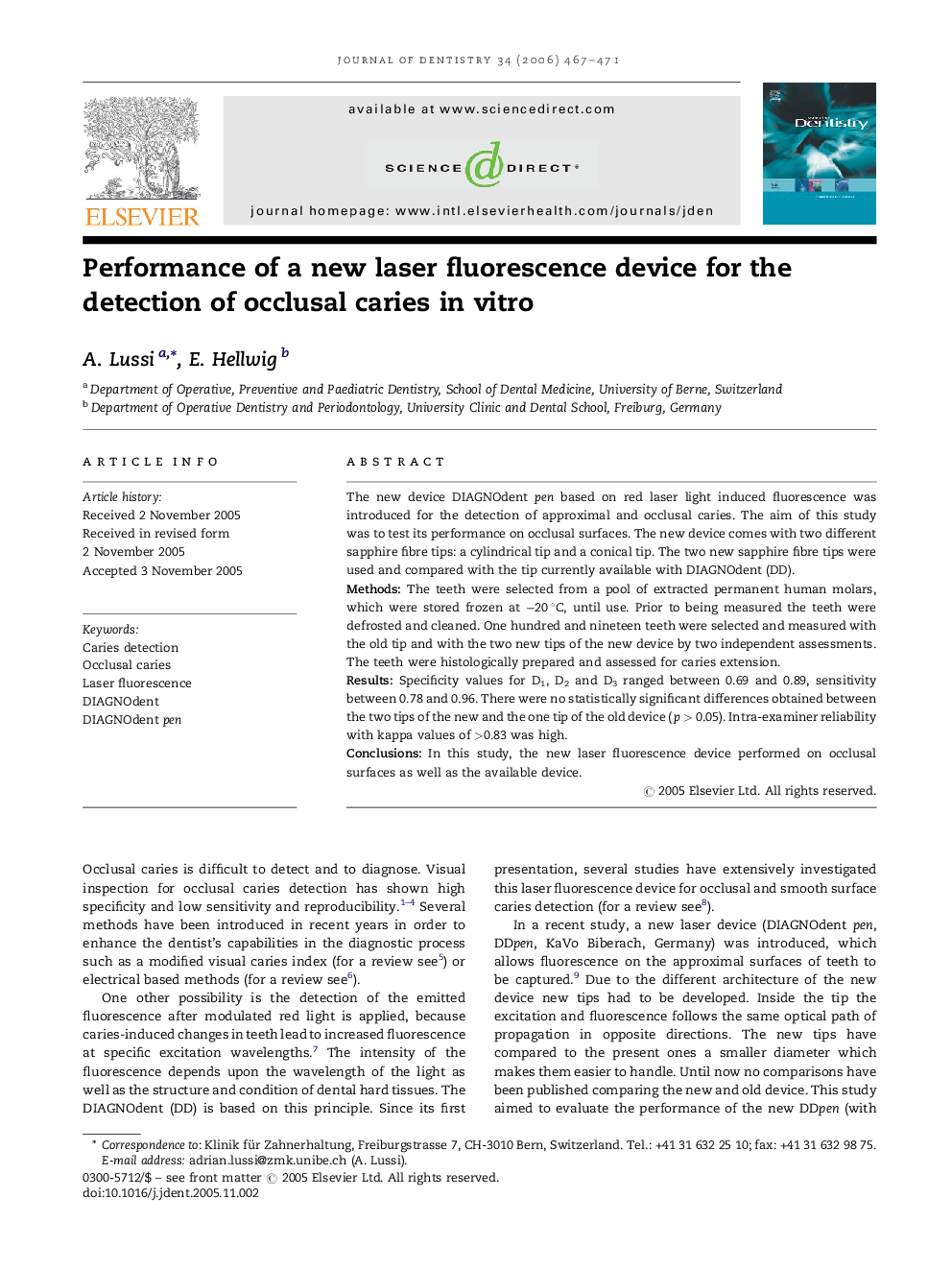 Performance of a new laser fluorescence device for the detection of occlusal caries in vitro