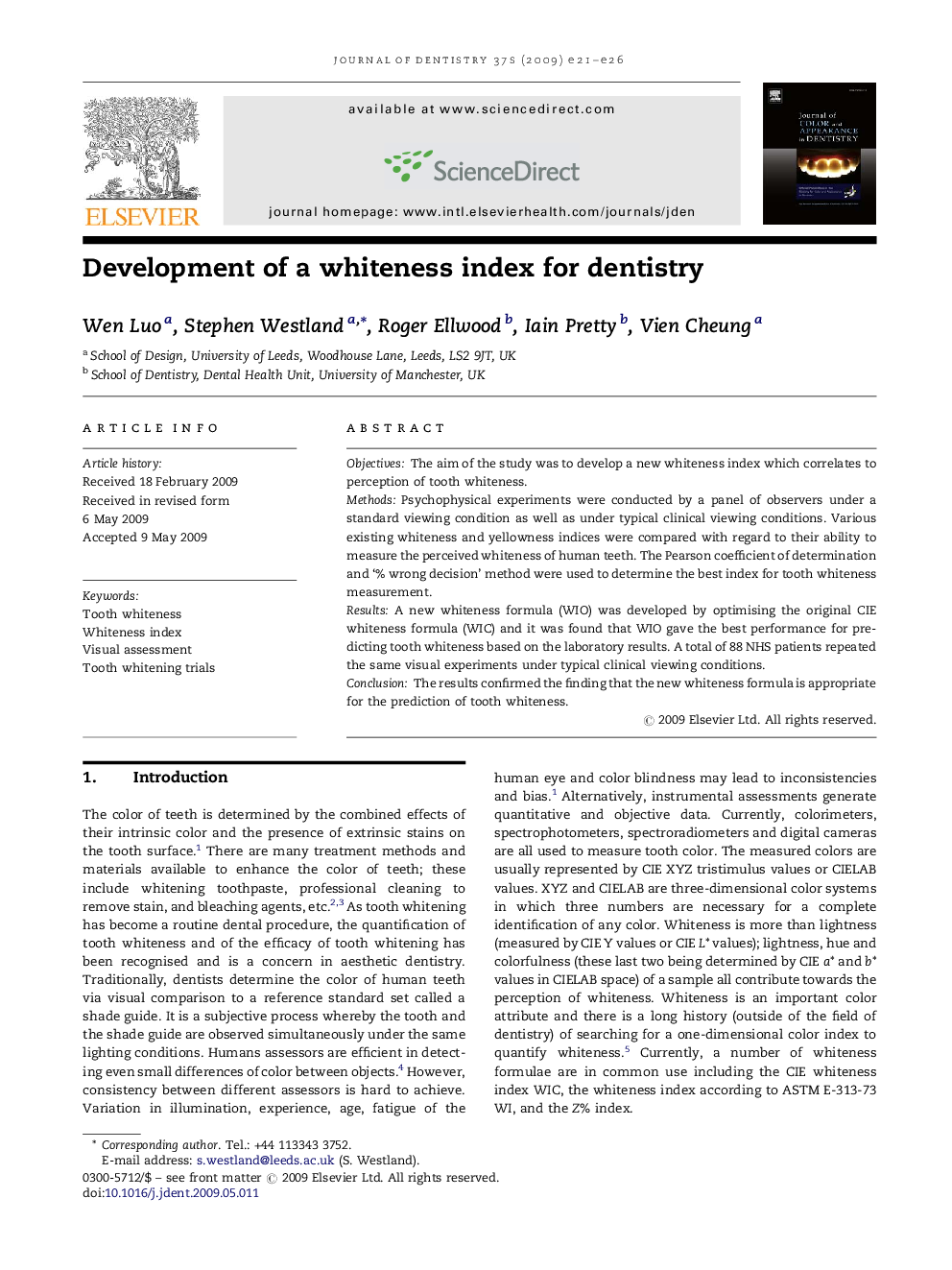 Development of a whiteness index for dentistry