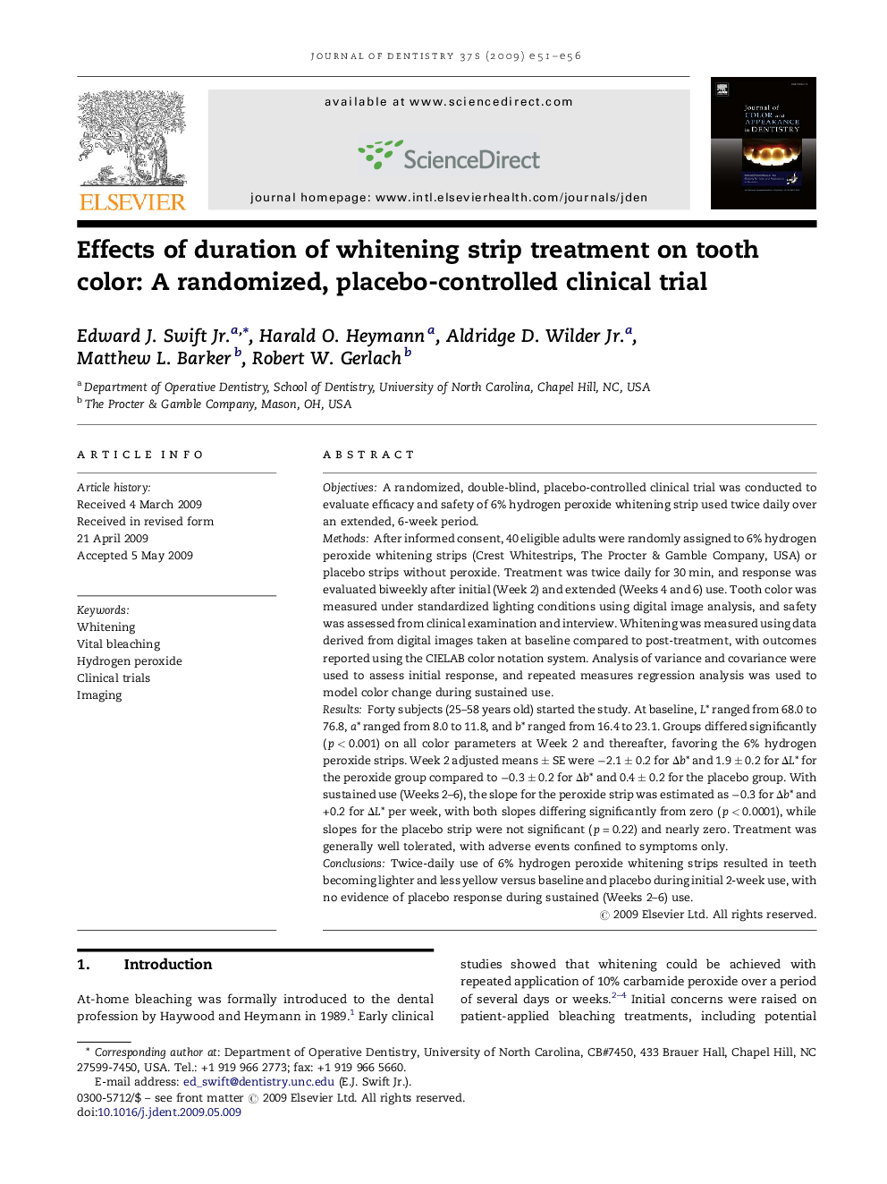 Effects of duration of whitening strip treatment on tooth color: A randomized, placebo-controlled clinical trial