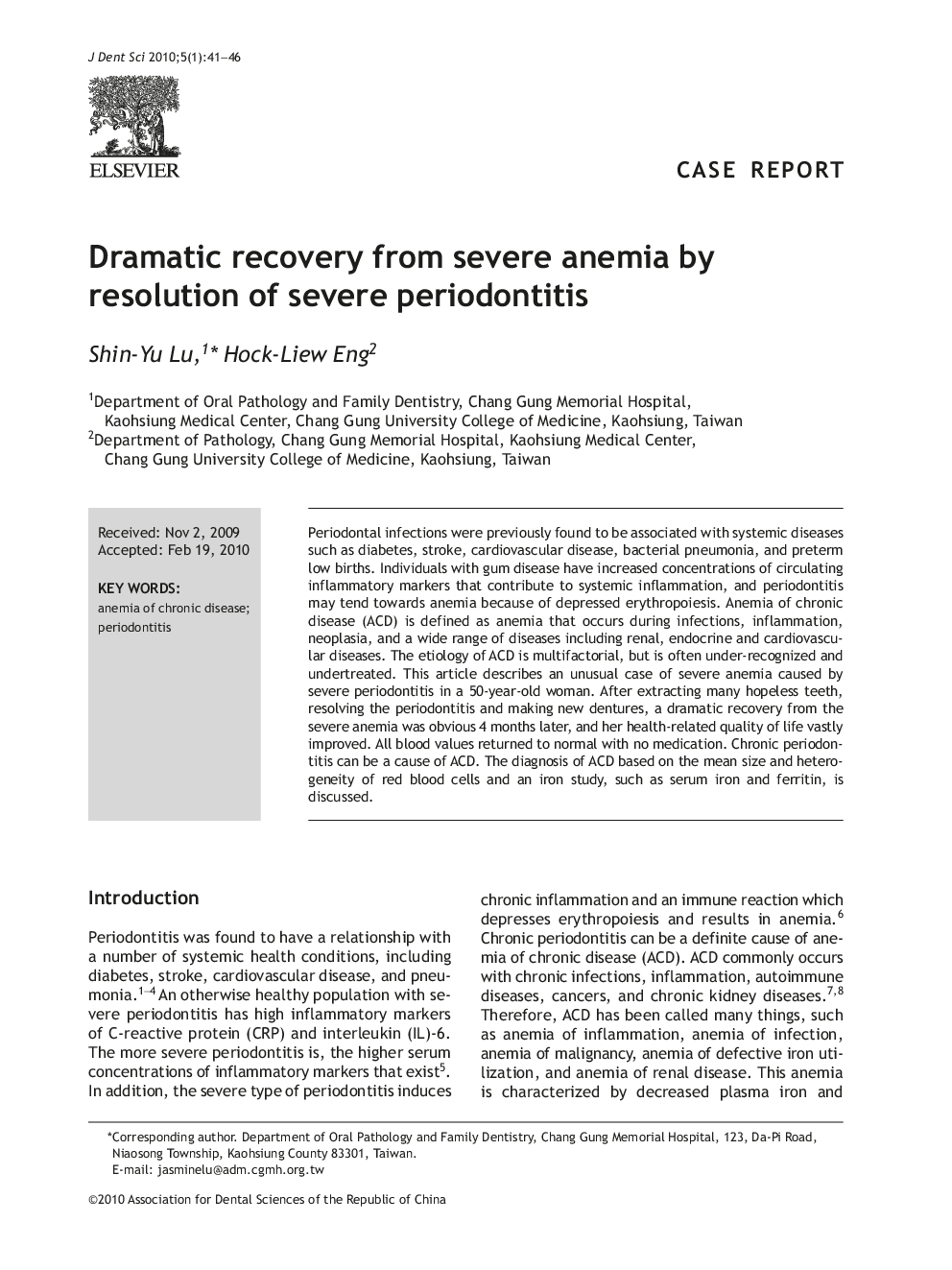 Dramatic recovery from severe anemia by resolution of severe periodontitis