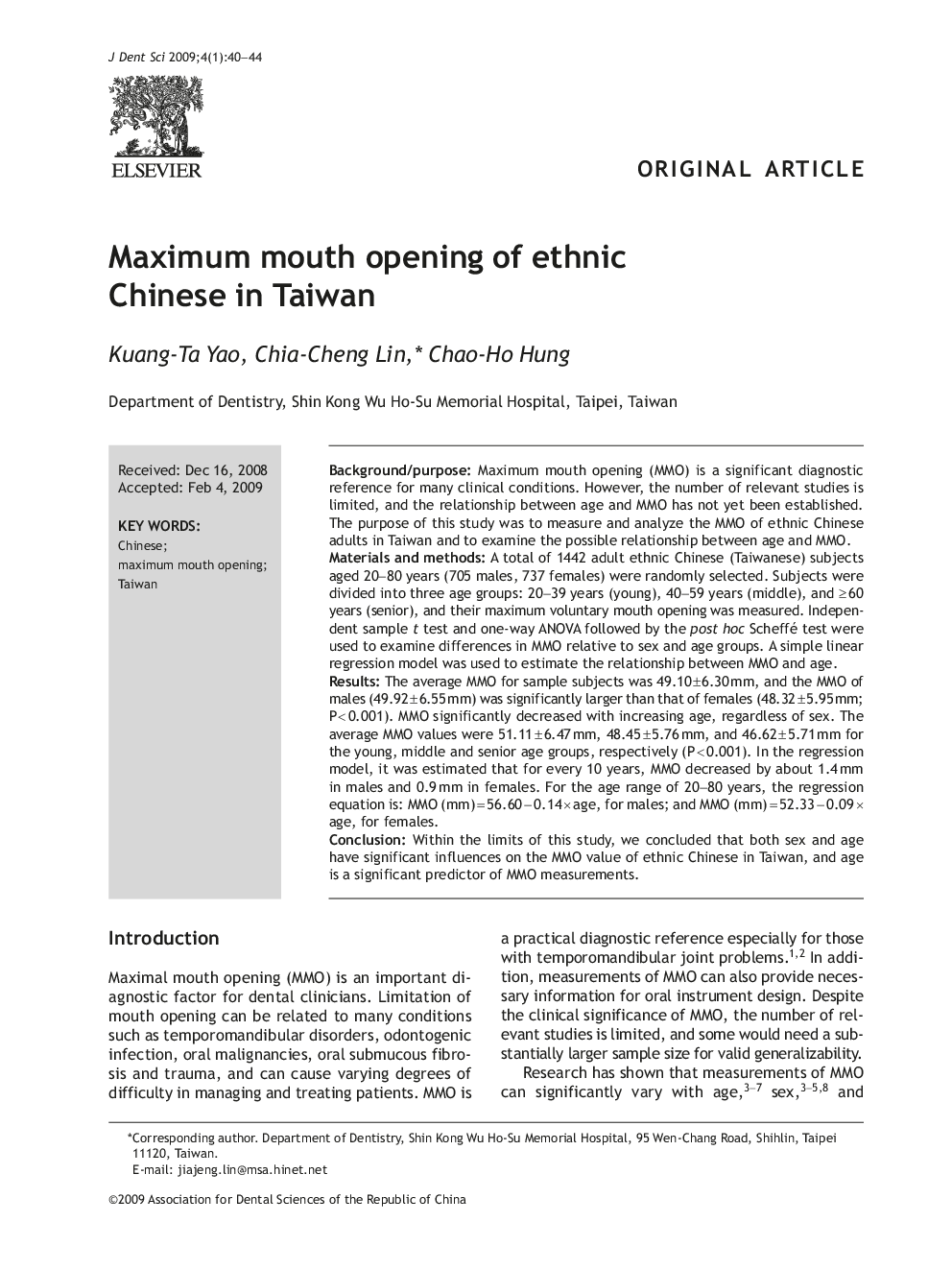 Maximum mouth opening of ethnic Chinese in Taiwan