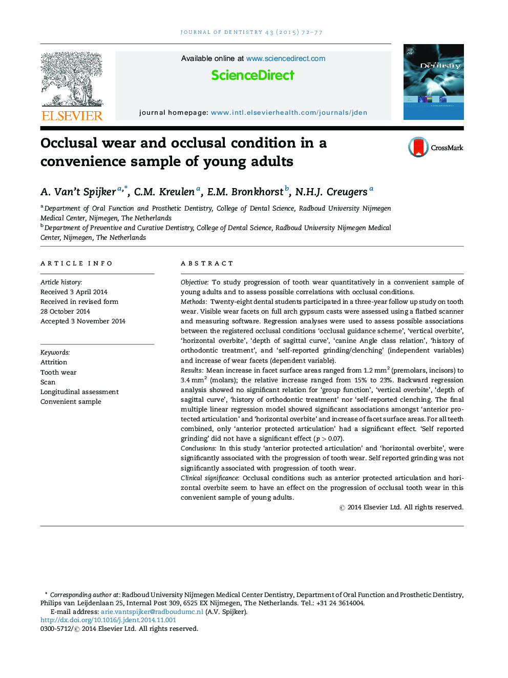 Occlusal wear and occlusal condition in a convenience sample of young adults