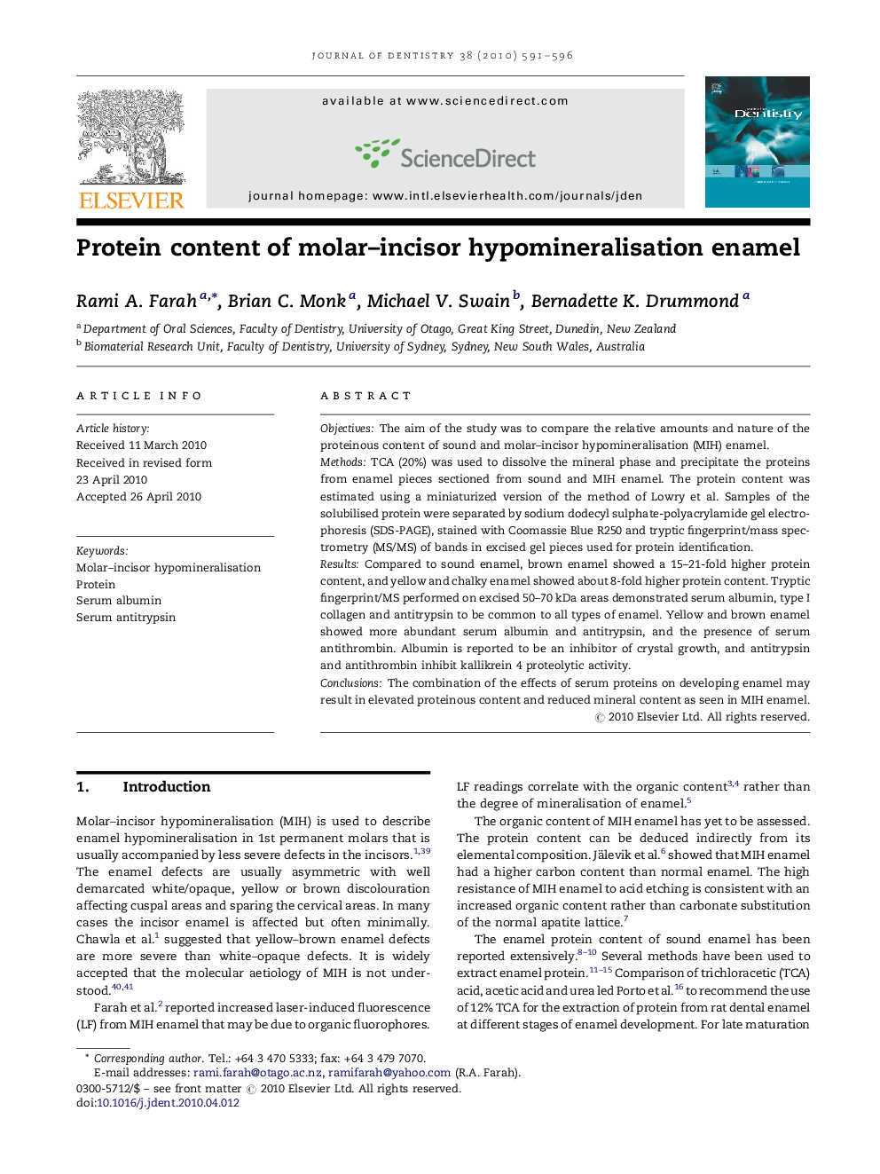 Protein content of molar-incisor hypomineralisation enamel