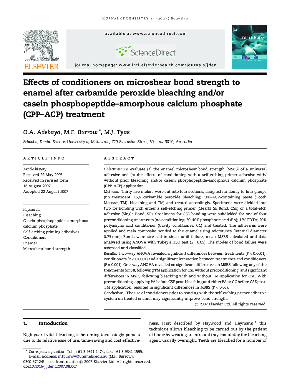 Effects of conditioners on microshear bond strength to enamel after carbamide peroxide bleaching and/or casein phosphopeptide–amorphous calcium phosphate (CPP–ACP) treatment