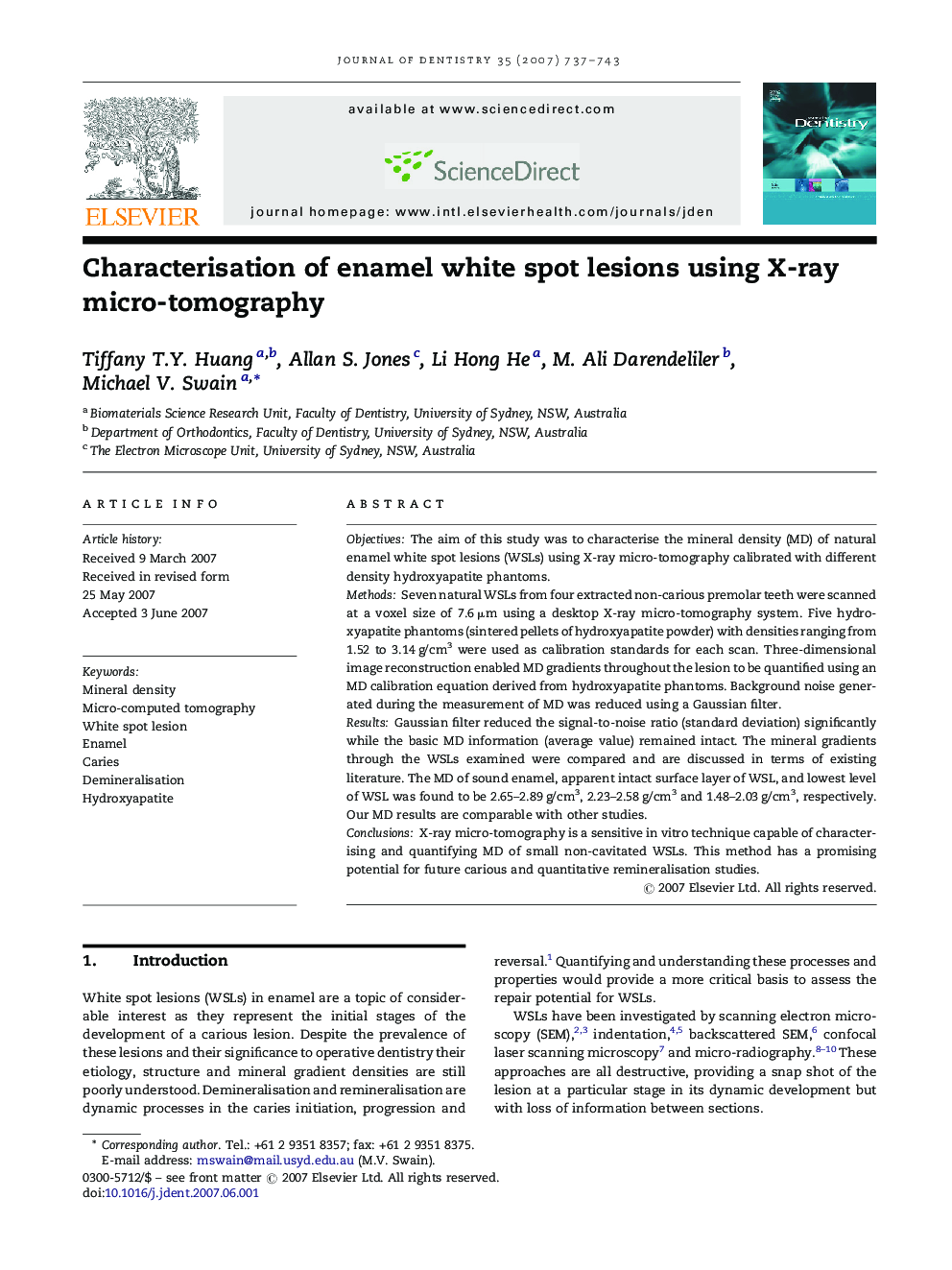 Characterisation of enamel white spot lesions using X-ray micro-tomography