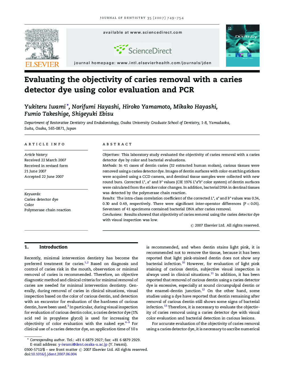 Evaluating the objectivity of caries removal with a caries detector dye using color evaluation and PCR