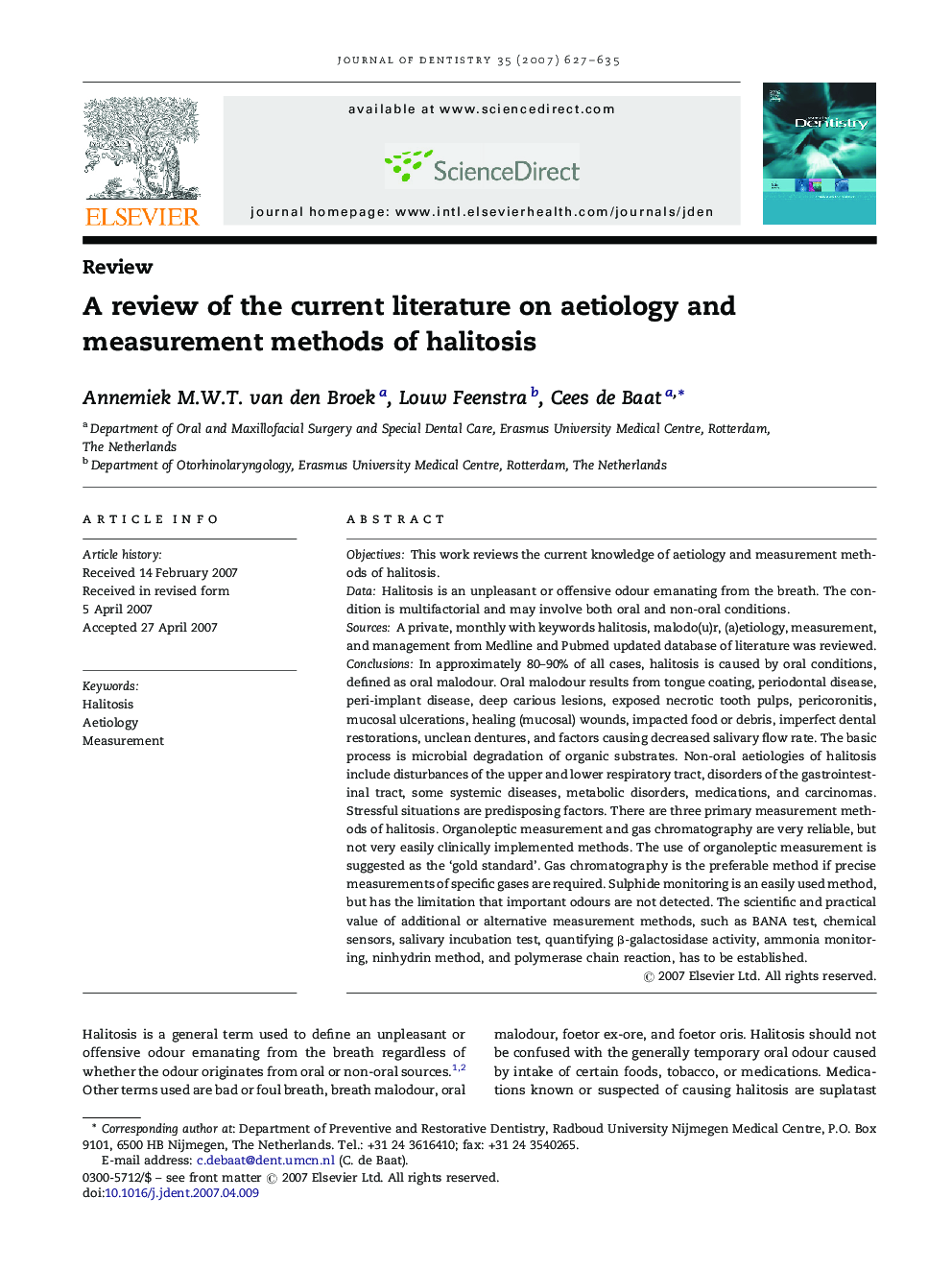 A review of the current literature on aetiology and measurement methods of halitosis