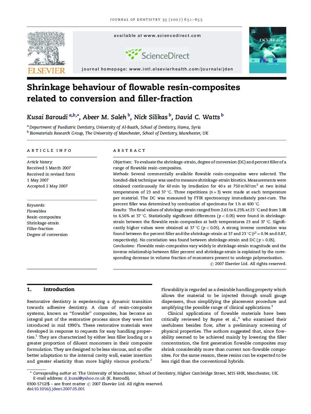 Shrinkage behaviour of flowable resin-composites related to conversion and filler-fraction