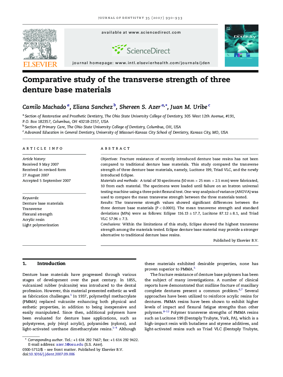 Comparative study of the transverse strength of three denture base materials