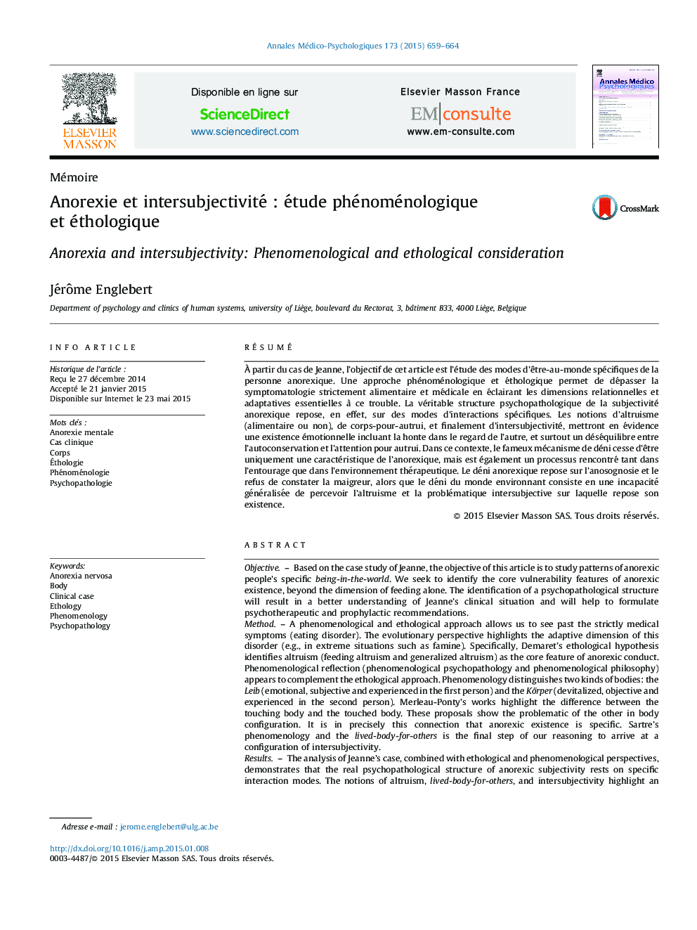 Anorexie et intersubjectivité : étude phénoménologique et éthologique