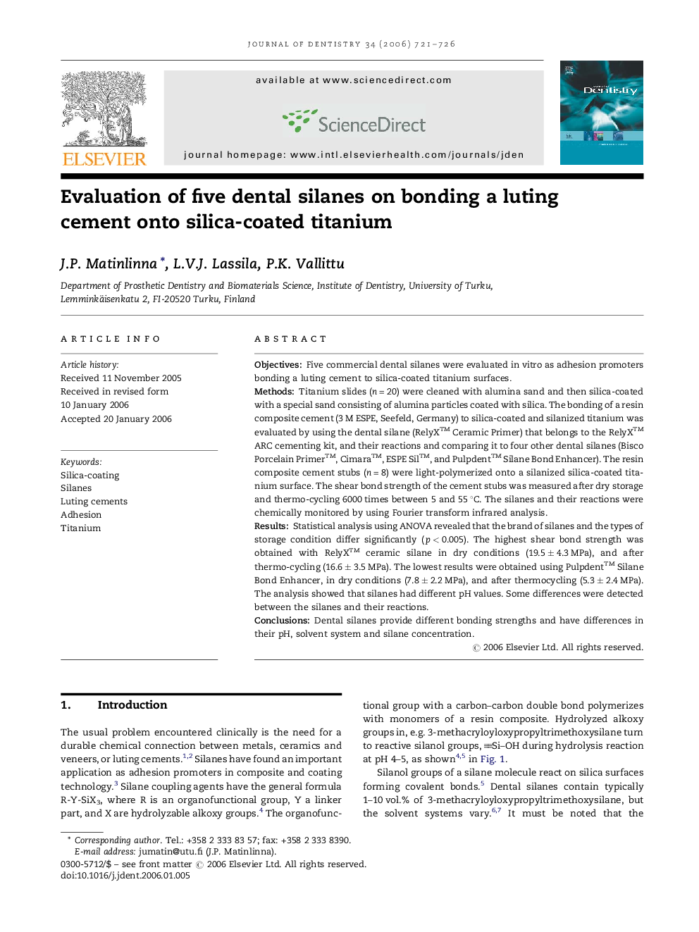 Evaluation of five dental silanes on bonding a luting cement onto silica-coated titanium