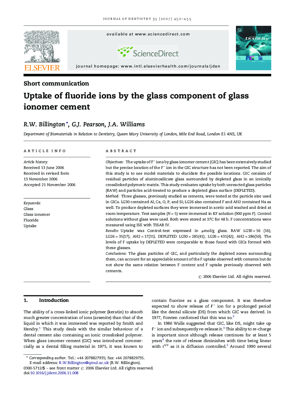 Uptake of fluoride ions by the glass component of glass ionomer cement