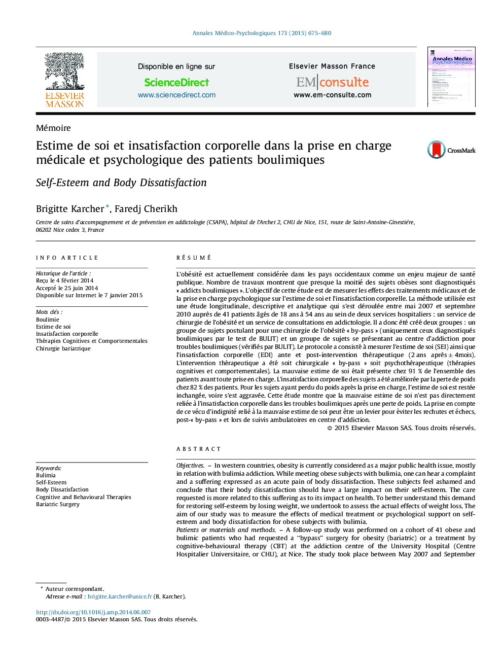 Estime de soi et insatisfaction corporelle dans la prise en charge médicale et psychologique des patients boulimiques