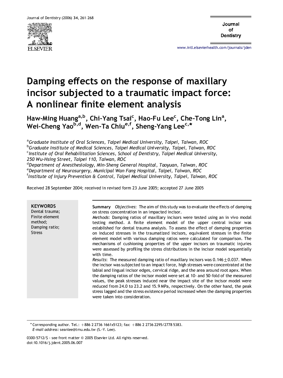 Damping effects on the response of maxillary incisor subjected to a traumatic impact force: A nonlinear finite element analysis