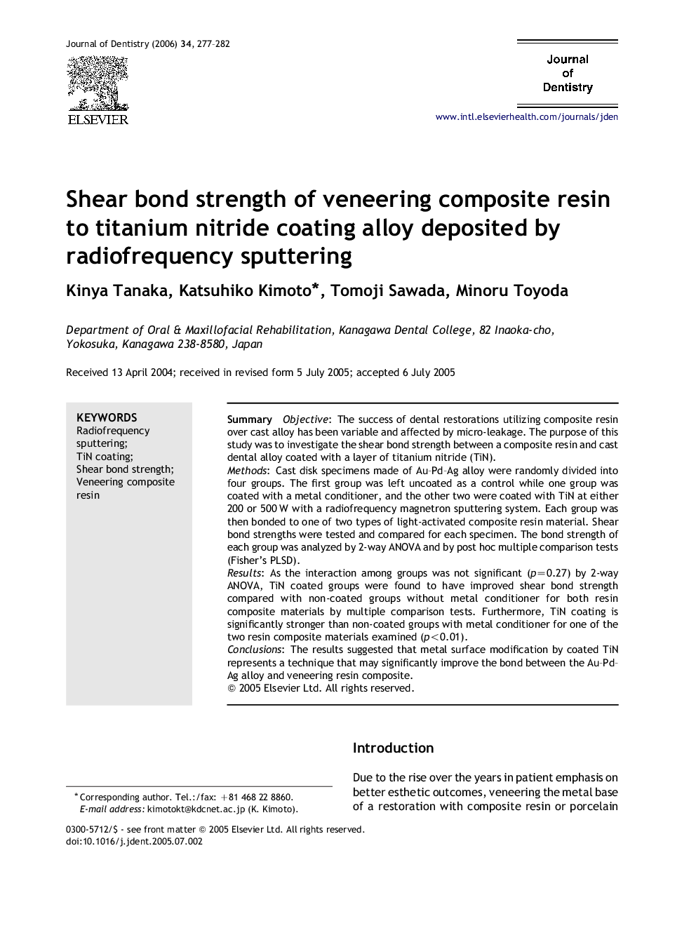 Shear bond strength of veneering composite resin to titanium nitride coating alloy deposited by radiofrequency sputtering