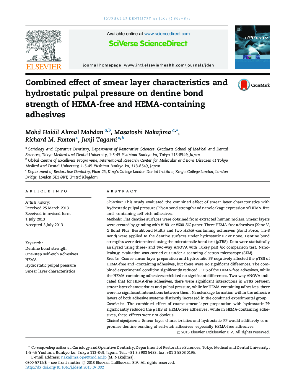 Combined effect of smear layer characteristics and hydrostatic pulpal pressure on dentine bond strength of HEMA-free and HEMA-containing adhesives