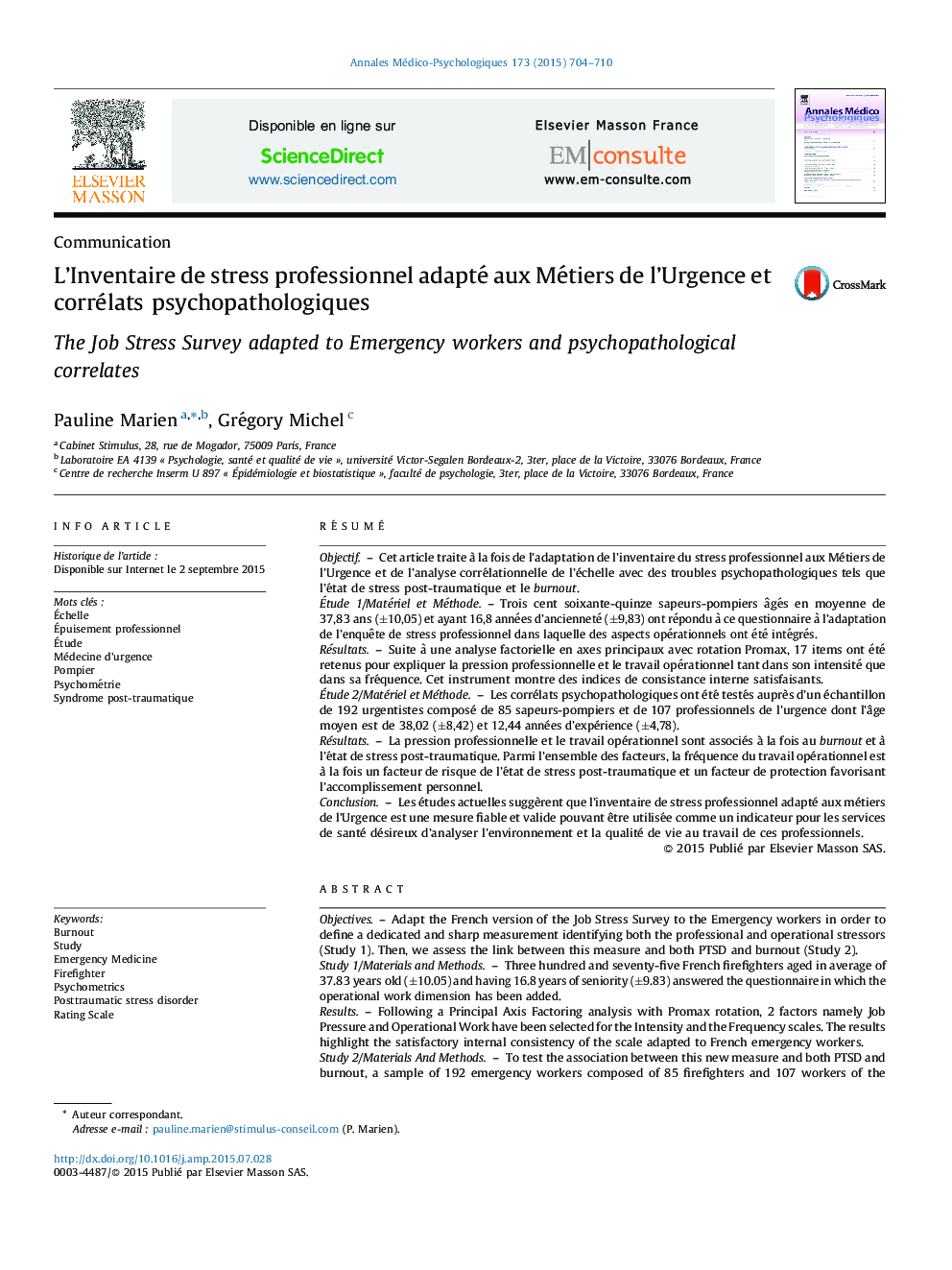 L’Inventaire de stress professionnel adapté aux Métiers de l’Urgence et corrélats psychopathologiques