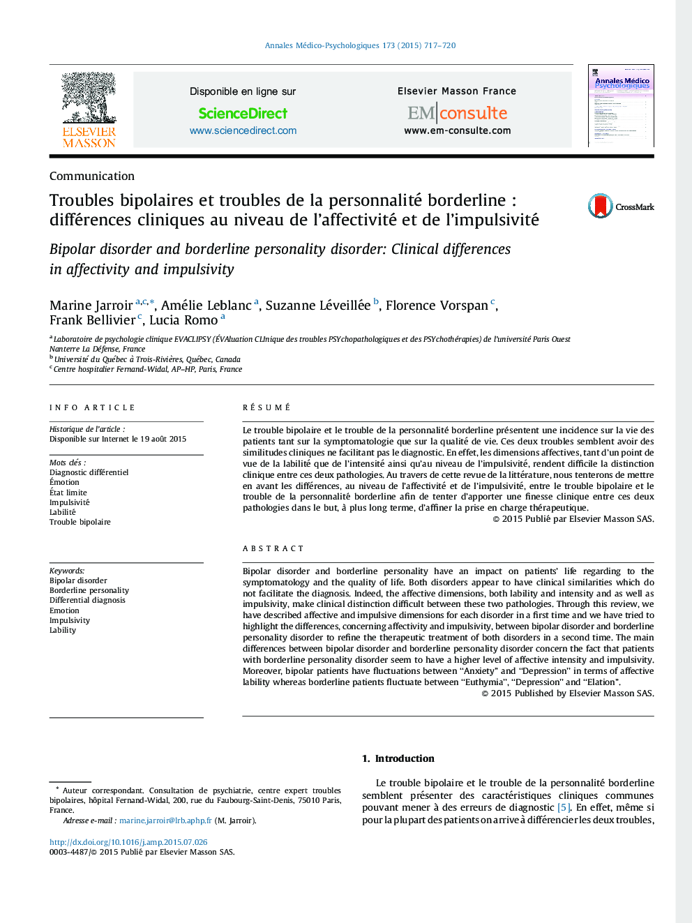 Troubles bipolaires et troubles de la personnalité borderline : différences cliniques au niveau de l’affectivité et de l’impulsivité