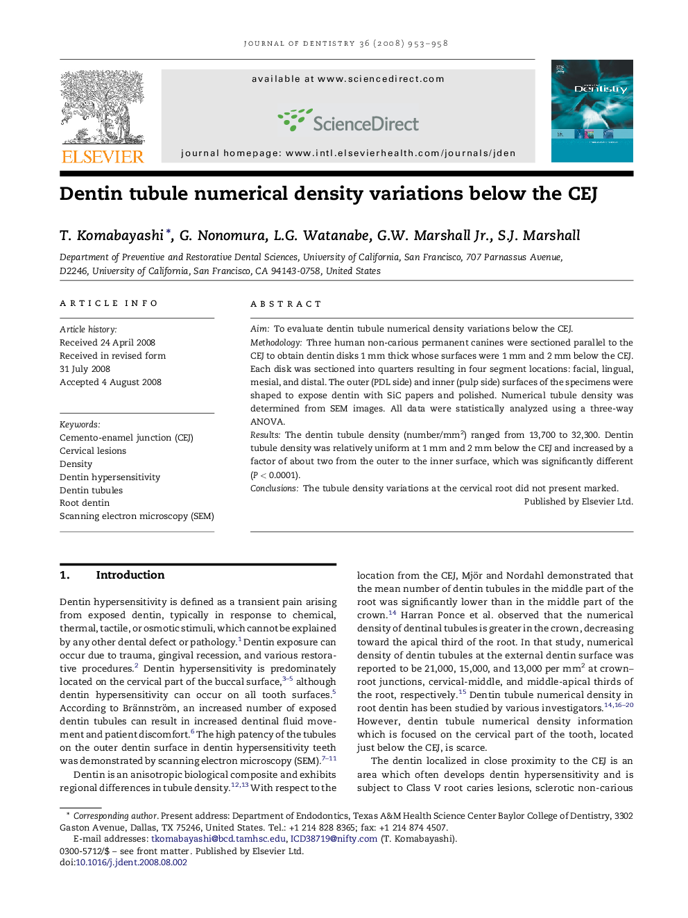 Dentin tubule numerical density variations below the CEJ